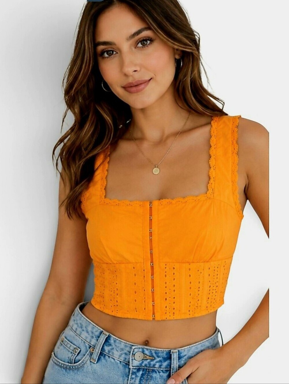 Forever 21 Orange Eyelet Lace Corset Bustier Crop Top NWT S